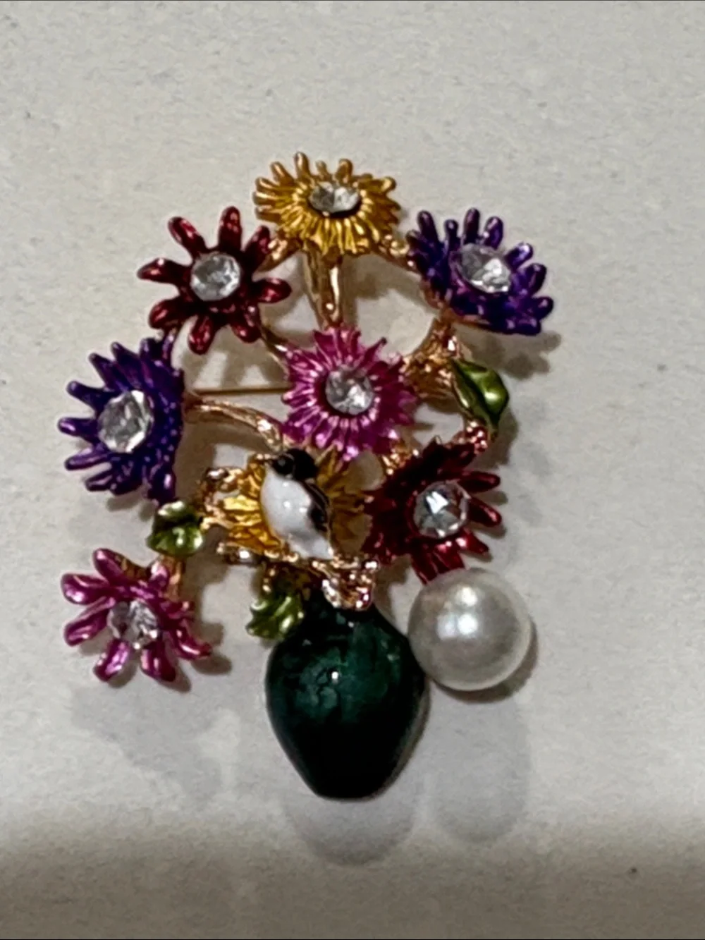Multicolor Floral Enamel Brooch with Pearl Accent